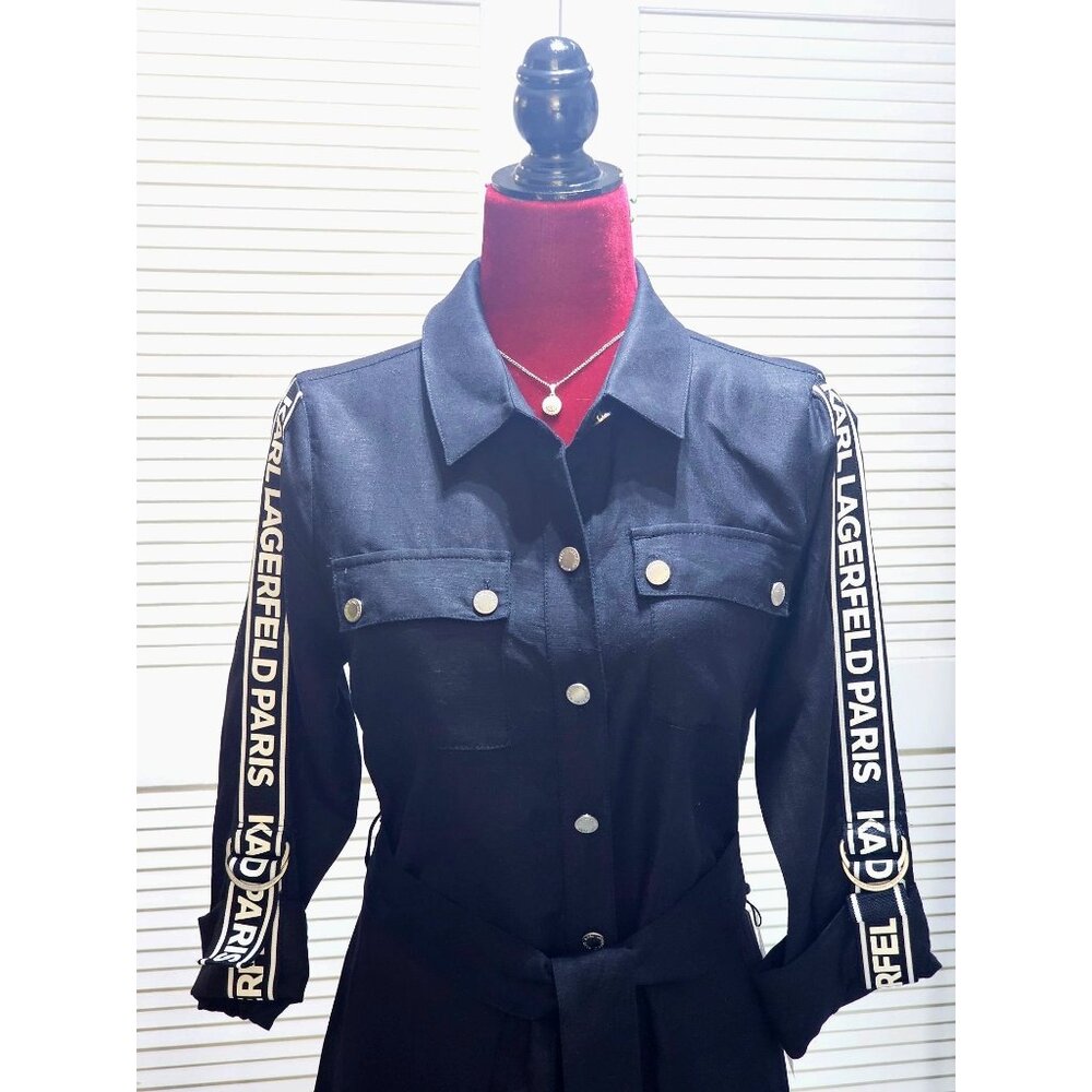 Karl Lagerfeld Paris Women's Black Linen Blend Logo Tape Shirtdress Sz 4 2444 - Picture 12 of 16